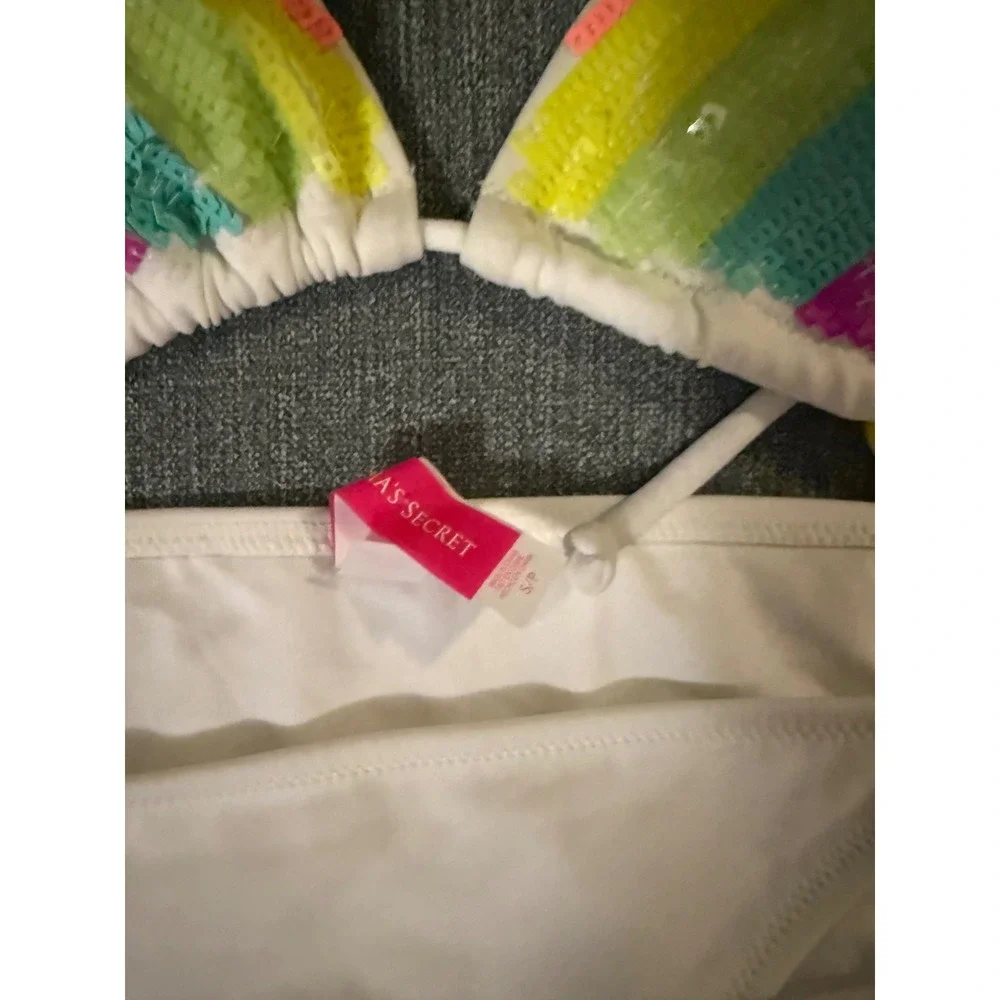Vintage Victoria's Secret Y2K Rainbow Sequin Chevron Bikini Set L‎ Top S Bottom